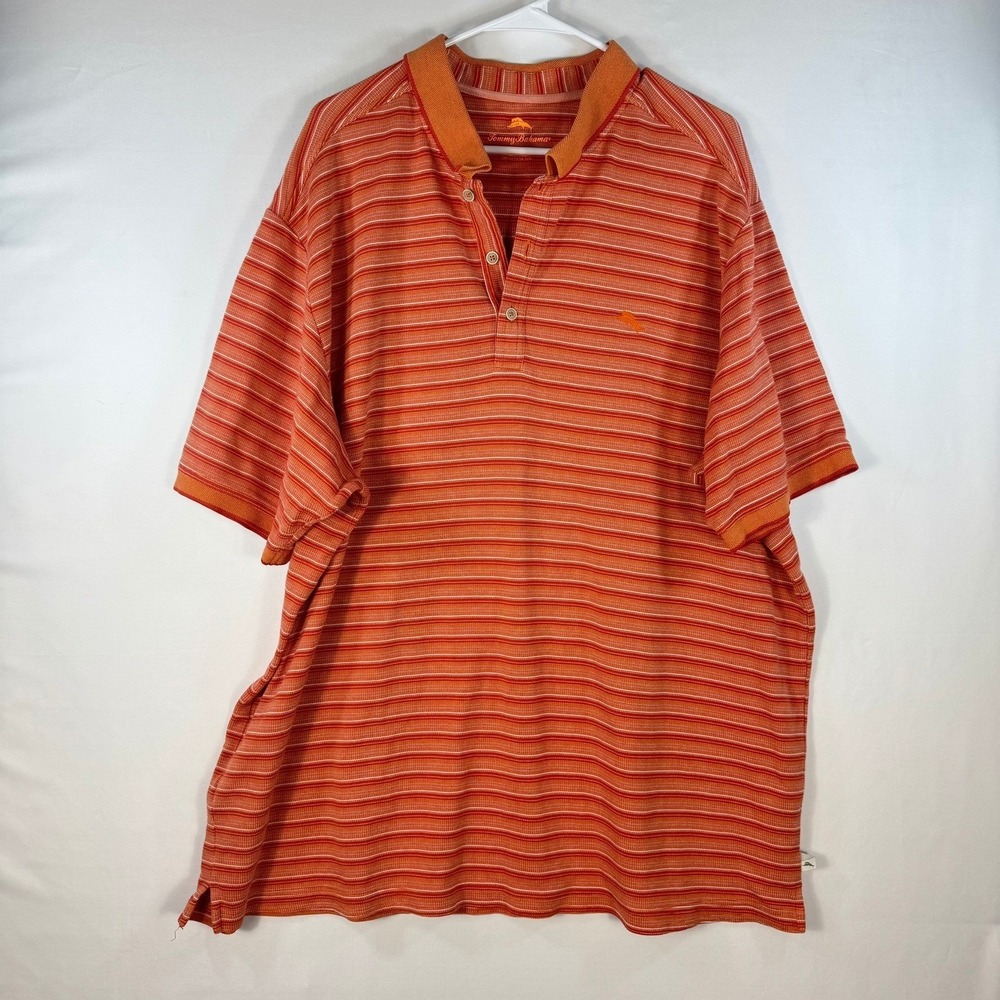 Tommy Bahama Mens 2XT Orange Striped Pima Cotton Blend Polo Shirt Marlin Logo